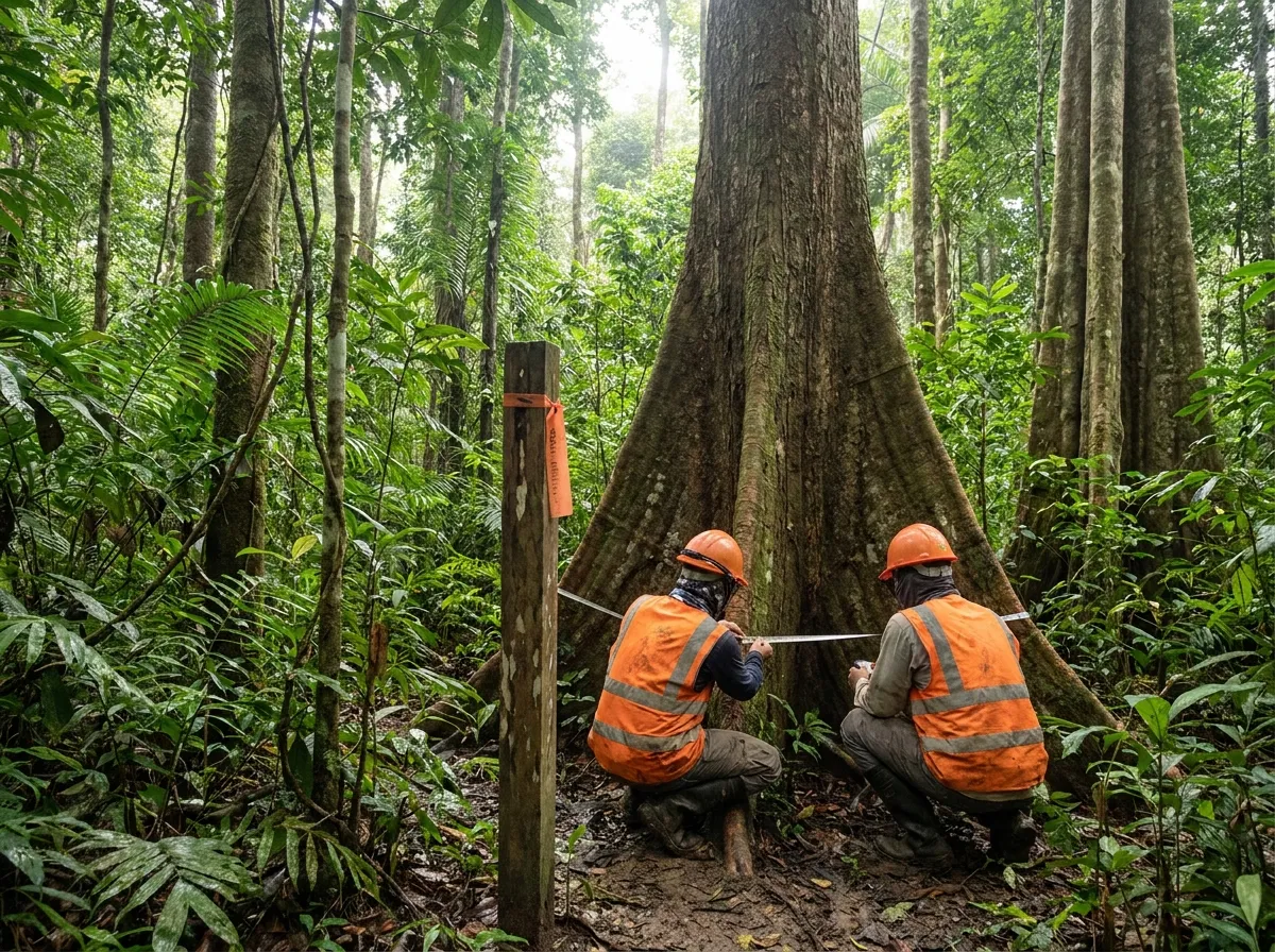 Field technicians measuring a tree at a marked forest carbon plot