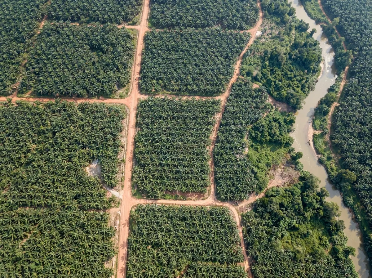 Satellite view of an oil palm plantation divided into blocks by access tracks