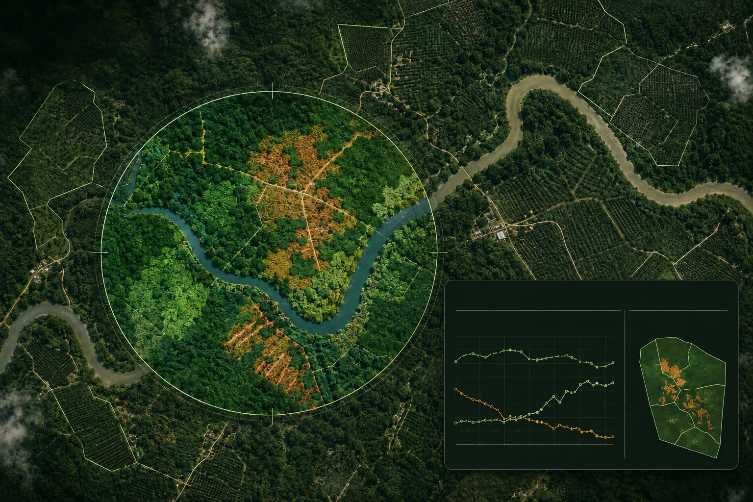 Satellite terrain with parcel boundaries, vegetation analysis and land evidence charts