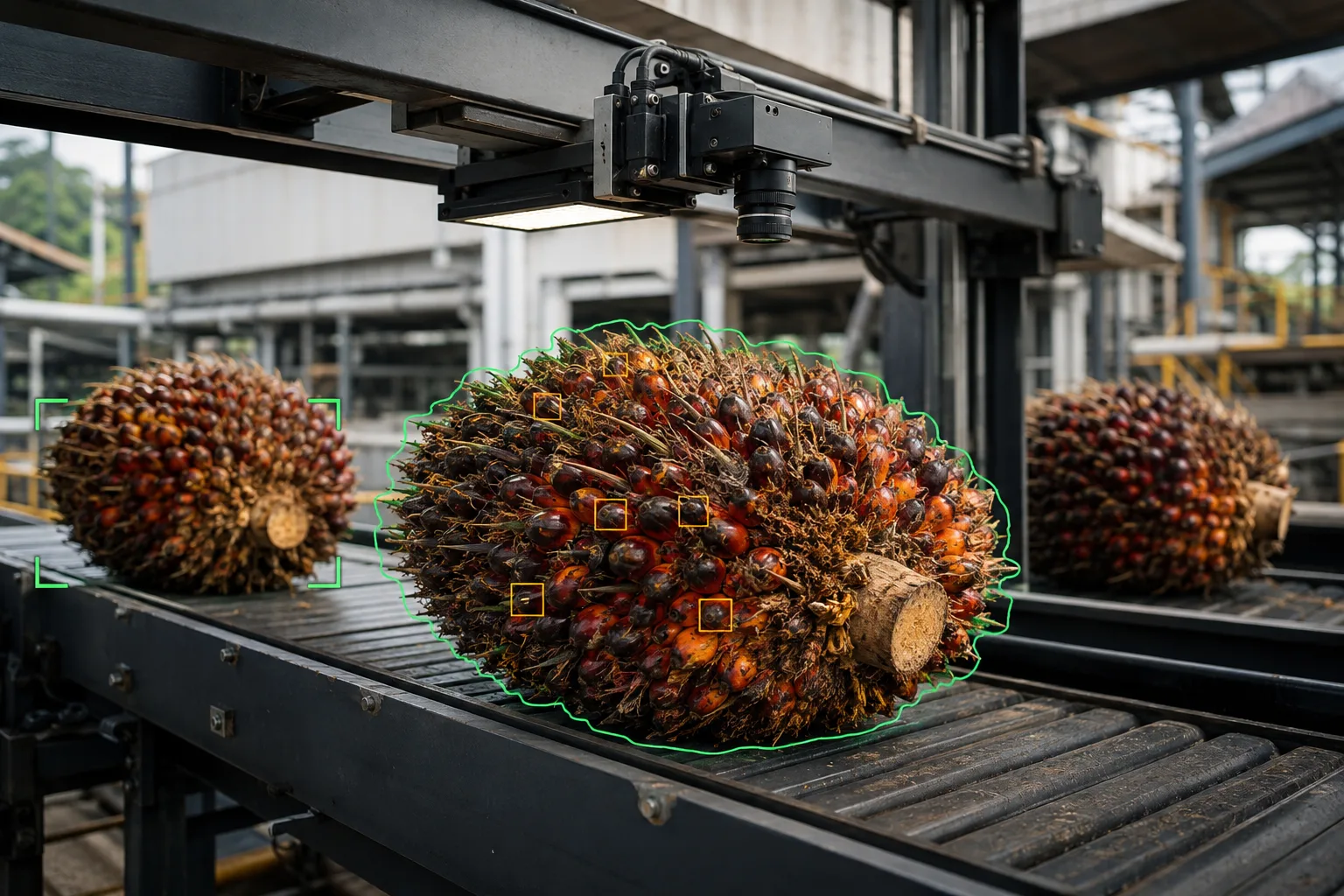 Machine vision inspecting palm fruit bunches on a mill conveyor